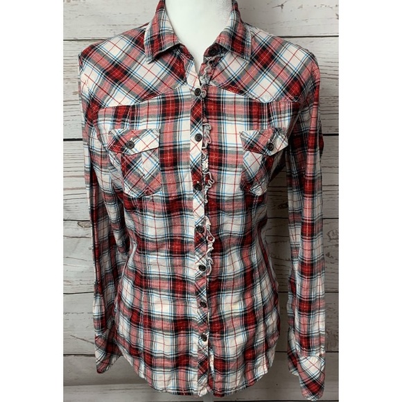 GAP Tops - EUC Gap Buffalo Plaid Ruffle Trim Button Down Top